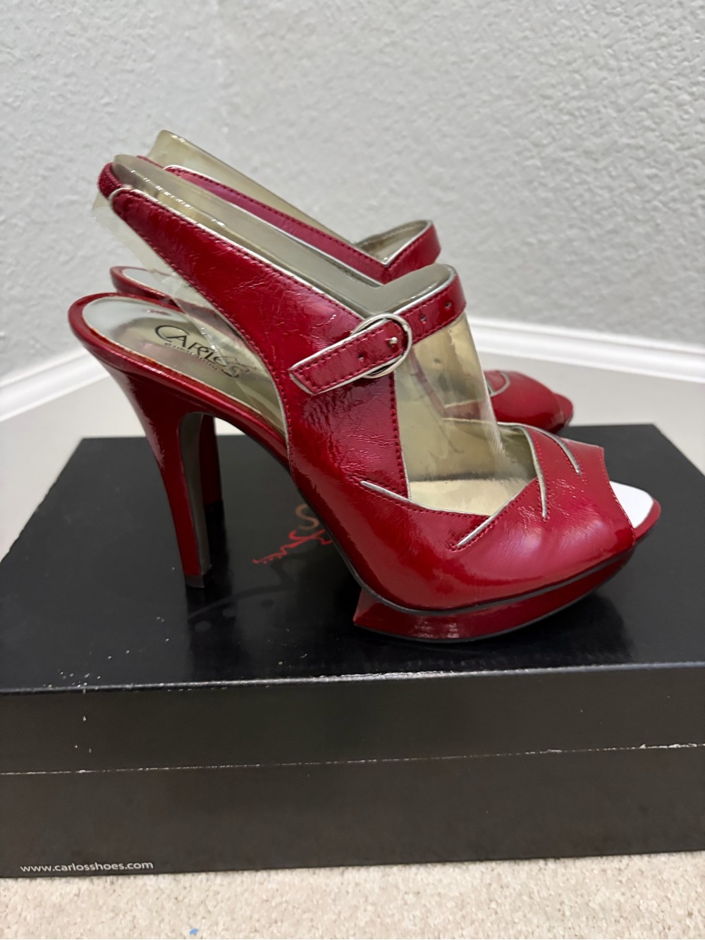 Carlos Santana Red Patent Peep-Toe Slingback Heels, Sz 7.5